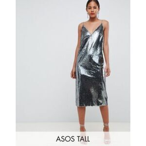 NWT ASOS Gunmetal Sequin Midi Dress Size 6 Tall